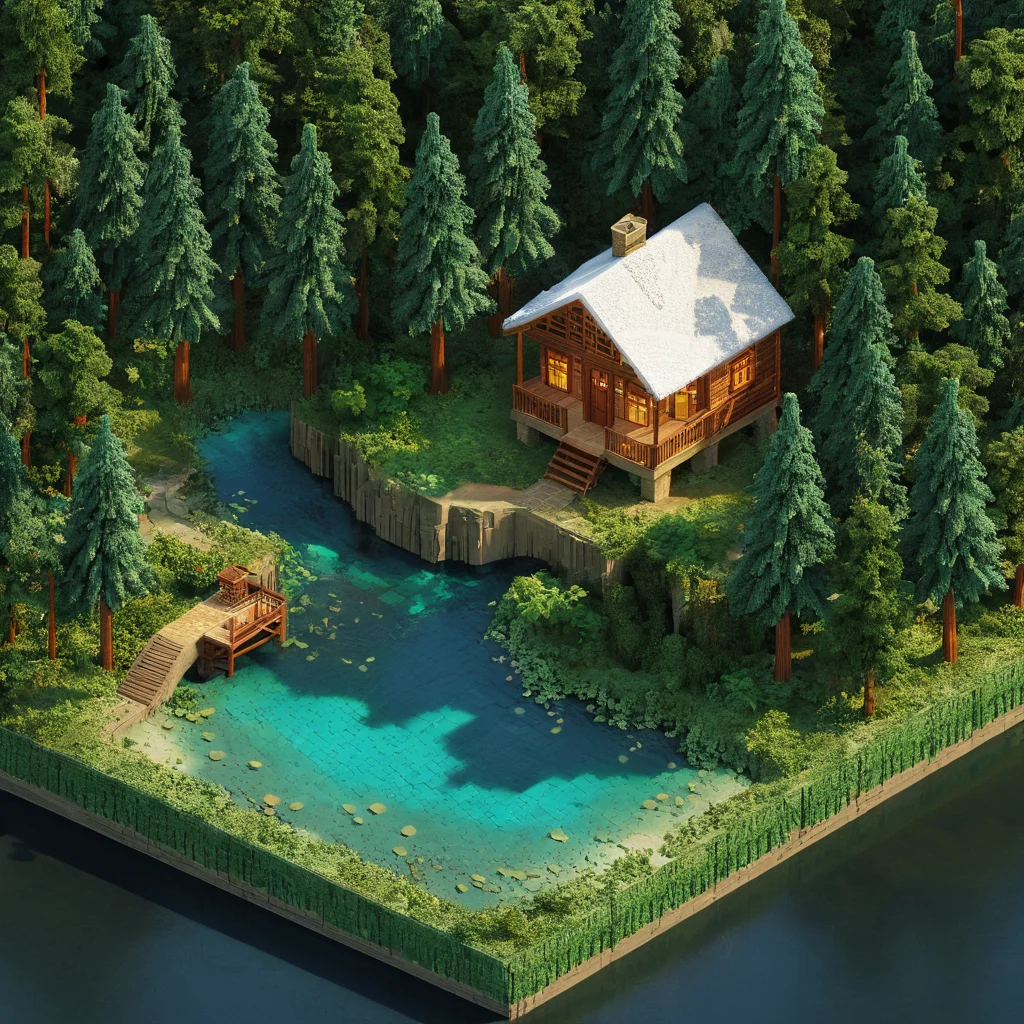 isometric style small cabin, forest, river, tilemapstyle, voxell, tile, scenery, <lora:TileMapStyle_v1:0.85> . vibrant, beautiful, crisp, detailed, ultra detailed, intricate