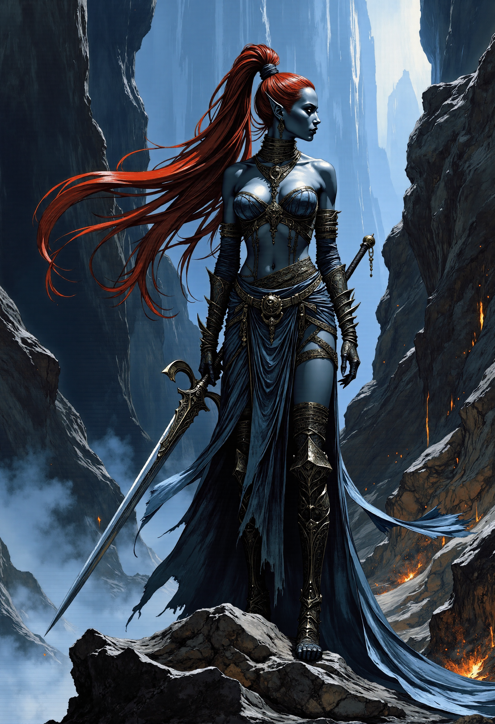 A detailed digital painting of a Warhammer 40K Drukhari Succubus. Female Eldar with darkcoal skin, pointed ears, and a dramatic, flowing high ponytail in deep red flowing behind her. She wears minimal segmented gray armor on her legs and torso, and stands confidently atop a craggy rock formation. She's holding a longsword with a curved blade. 

The background features a blue misty atmosphere with a white glow.

The artwork has dramatic lighting highlighting the figure against the dark background, rendered with monochromatic colors, primarily with shades of black, white, and reddish in a realistic digital painting style with careful attention to textures and atmospheric effects. 

