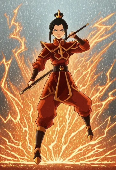 Azula, the fierce and cunning firebender, stands confidently at the center of the scene, wielding a bolt of lightning in her hand. Her eyes are sharp and intense, reflecting her unwavering determination and strategic mind. She is dressed in her traditional Fire Nation armor, which glows with shades of deep red and black, accented by golden details. Her long, dark hair flows behind her like a trail of smoke, subtly moving as if stirred by an unseen breeze. The background is a dramatic, volcanic landscape under a blood-red sky, with molten lava flowing across jagged rocks and plumes of dark smoke rising into the air. Blue flames dance around her, highlighting her unique firebending abilities and adding a contrasting, electric blue hue to the predominantly warm color palette. The atmosphere is charged with tension and raw power, as Azula embodies the dangerous and unpredictable force of fire and lightning. Her stance is both regal and intimidating, conveying a sense of control and command over the elements she wields. The image should be rendered in maximum ultra-high-definition quality, with detailed textures and ultra-realistic lighting to capture the glow of the flames, the sharpness of the lightning, and the intensity of the scene. The special effects should emphasize the crackling energy of the lightning and the heat of the flames, creating a dynamic 8K high-definition image with realistic lighting to enhance the dramatic and powerful atmosphere.