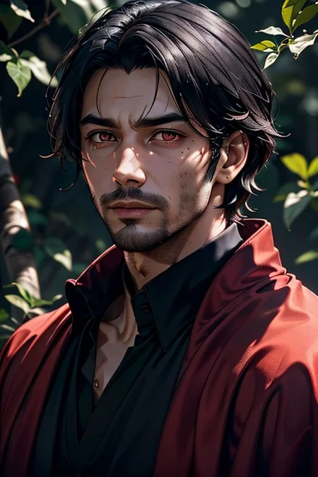 Master piece, highest quality, highest possible OverallDetail, semirealistic, red eyes,
Create an elder of a demonic sect.
The character looks like he is in his late twenties or early thirties. He is handsome.
He has black shoulder-length shaggy hair.
His outer robe is black and the inner robe is dark red.
His eyes are dark red. Detailed face. Red robe.
He meditates in nature.
perfecteyes eyes