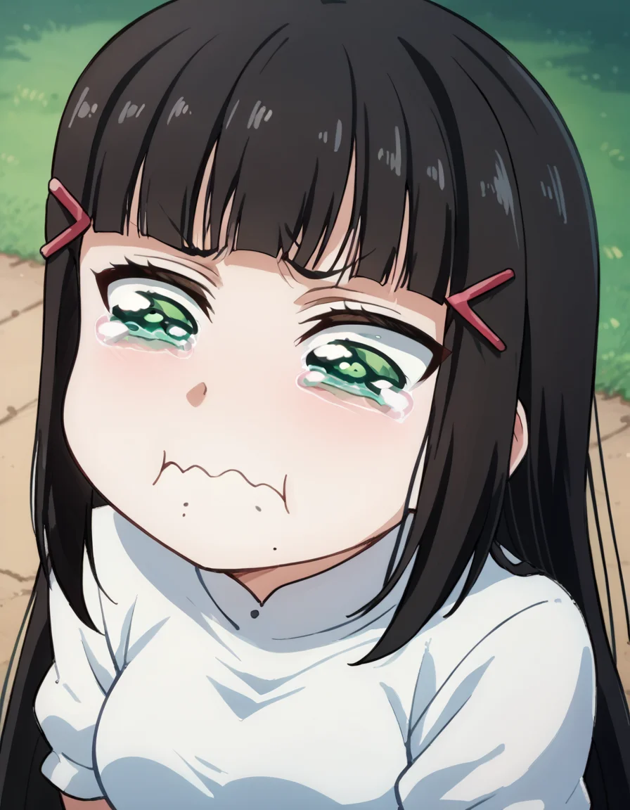 score_9, score_8_up, score_7_up, source_anime, <lora:dia-kurosawa-s2-ponyxl-lora-nochekaiser:1>, dia kurosawa, long hair, bangs, black hair, hair ornament, green eyes, sidelocks, hairclip, blunt bangs, mole, mole under mouth, medium breasts, <lora:aqua-about-to-cry-ponyxl-lora-nochekaiser:1> crying aqua, crying aqua (meme), crying, tearing up, tears, wavy mouth,, ,