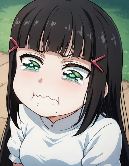 score_9, score_8_up, score_7_up, source_anime, <lora:dia-kurosawa-s2-ponyxl-lora-nochekaiser:1>, dia kurosawa, long hair, bangs, black hair, hair ornament, green eyes, sidelocks, hairclip, blunt bangs, mole, mole under mouth, medium breasts, <lora:aqua-about-to-cry-ponyxl-lora-nochekaiser:1> crying aqua, crying aqua (meme), crying, tearing up, tears, wavy mouth,, ,