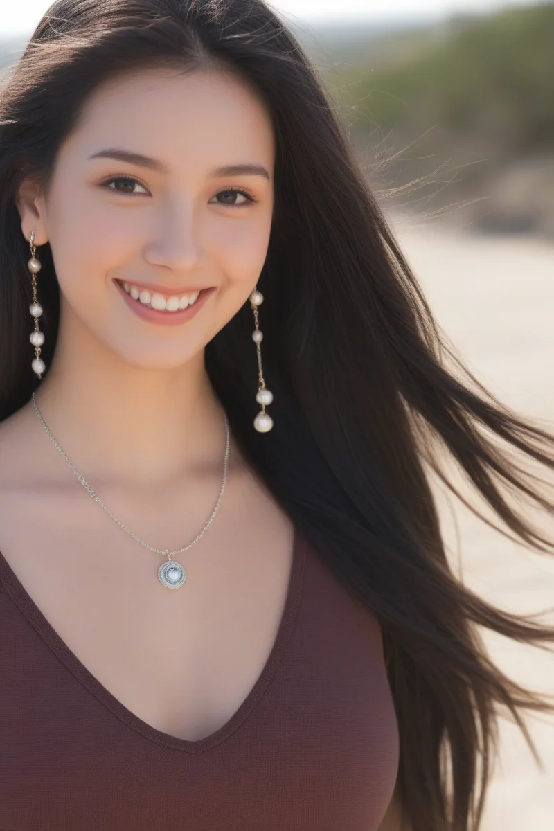 1girl, 20 years old, long hair, windblown hair , black hair, looking at viewer,
beautiful woman, beautiful face, earrings, necklace, outdoors,smile,