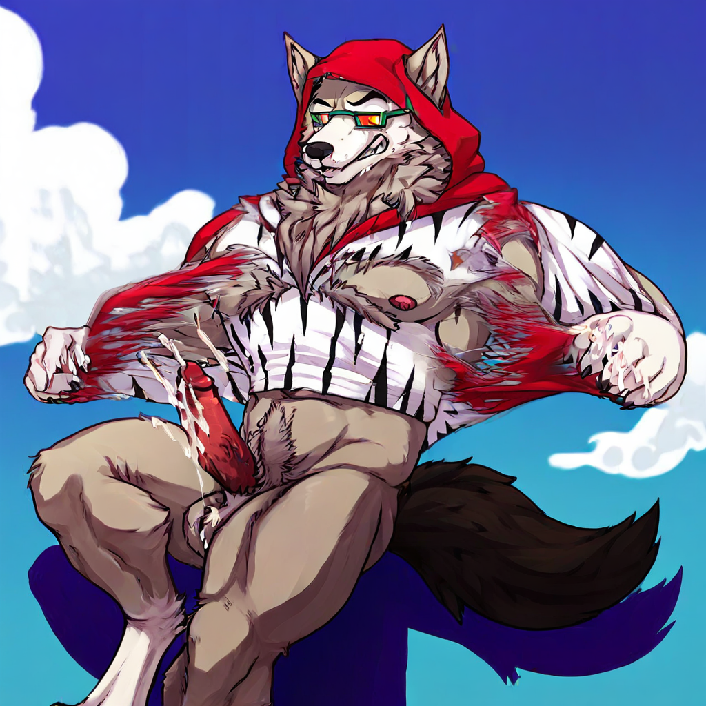 ripping shirt, muscular, claws, sfw furry art, clouds, lowering sun glasses, ripping shirt in half, relaxed posed, projectile cum, very hairy chest, k9 penis, Shadow on the wall, eyes hidden behind sunglasses, portrait, 80s style, solo, cum dripping off hand, cum strands, closed hands, torn shirt, neck fur, indoors, male furry, crossed legs, thonge, neck covered in fur, cum on hand, looking down, Gay furry porn, blue skies, red hood, nsfw, dog tail