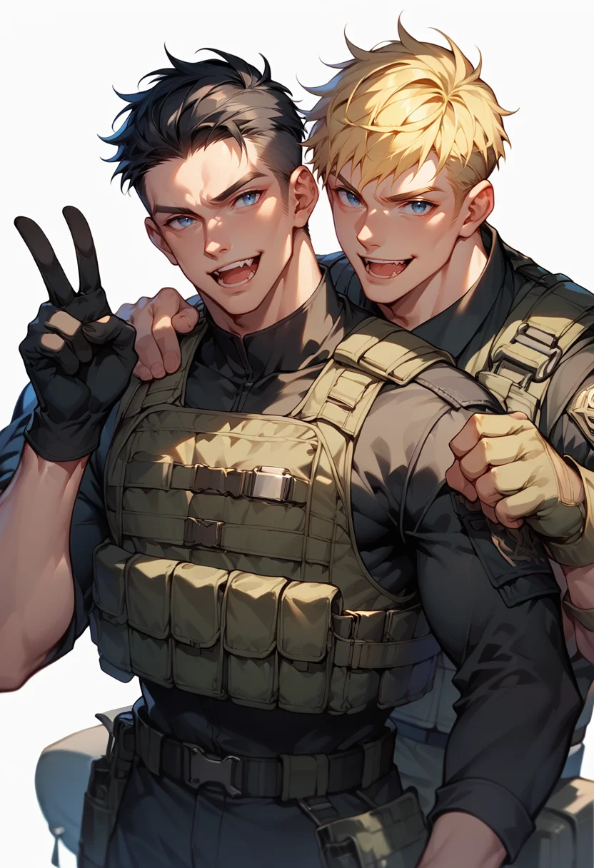 (score_9, score_8_up), score_7_up, 2boys, many, bara, hand on shoulder, grinning, smiling, frowning, black hair, blue eyes, grey eyes, blonde hair, white background, black uniform, military, black military uniform, black bulletproof vest, (all black attire:1), mouth open, fang, cute, clenched hand, gloves, v sign, dark camouflage, simple background, black shirt
<lora:warcore-000011:0.9>