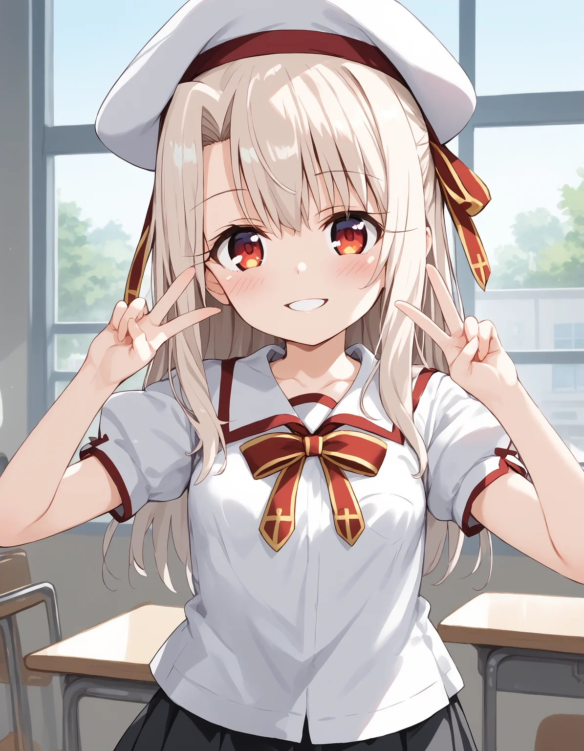 score_9,
1girl,
solo,
aaillya,
fate/kaleid liner prisma illya,
illyasviel von einzbern,
red eyes,
eyelashes,
blonde hair,
long hair,
curtained bangs,
sidelocks,
small breasts,
beret,
white hat,
homurabara academy school uniform,
school uniform,
collarbone,
neck ribbon,
white shirt,
puffy short sleeves,
pleated skirt,
black skirt,
miniskirt,
cowboy shot,
double v,
v,
hands up,
looking at viewer,
blush,
smile,
parted lips,
indoors,
cafe,
window
<lora:illyasviel_von_einzbern_ponyxl_v1:0.9>