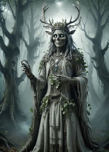 DonMV00d00XL homunculus, erlking, tall regal ghostly figure, elegant ethereal appearance elaborate forest inspired clothing, crown made of leaves and branches,antlers, distinctive captivating eyes, linked with forests and nature spirits, connection to the wild hunt, linked with spirits of the forest <lora:DonMV00d00XL:0.9>