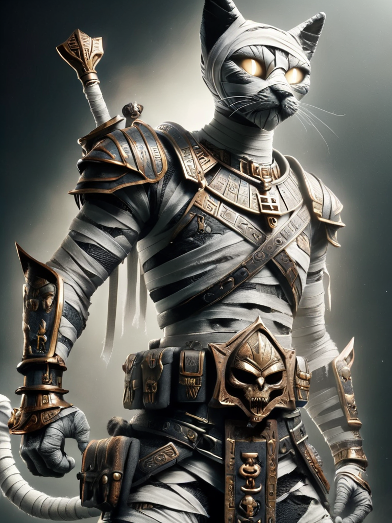 bastet, cat, a male warrior bastet, heavy black and bronze armor, armor plates, shoulder plates, skull belt, holding weapon in his right hand, glowing white eyes <lora:bastet-sdxl:1>