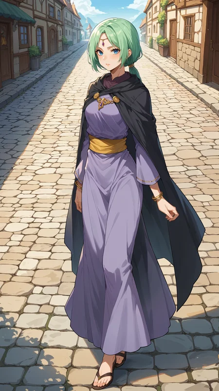 score_9,score_8_up,score_7_up,score_6_up, source_anime, zPDXL3, <lora:xl_more_art-full_v1:0.5>, woman, dynamic pose, on tiptoes, <lora:Mjurran - Pony-000004:0.8>, long dress, purple dress, long sleeves, long cape, black cape, green hair, low ponytail, gold bracelet, blue eyes, purple forehead jewel, yellow waist sash, fantasy town streets, cobblestone path,