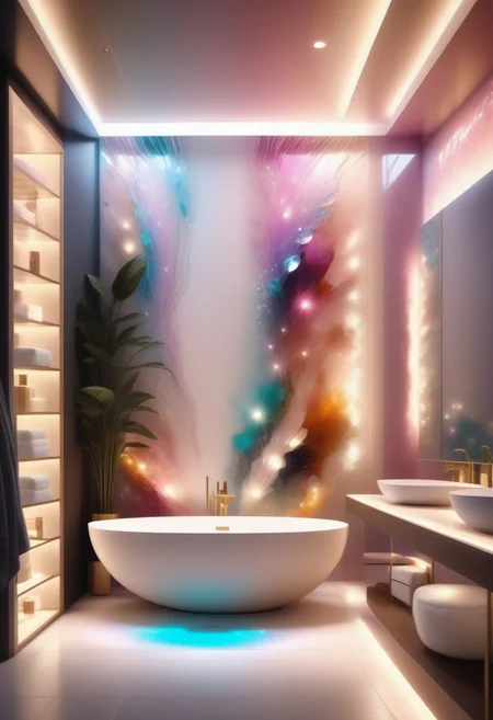 a Jed-Modern bathroom decorated with multicolored Jed-Auquartz ,masterpiece, full of details,ambient light, photorealistic, sharp and in focus