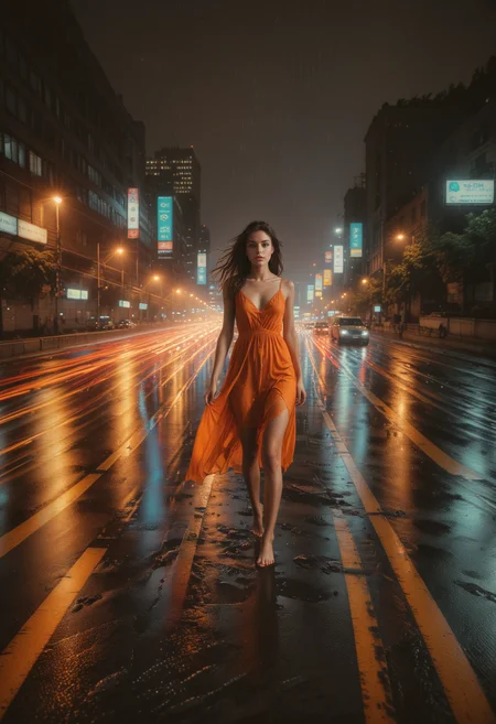 masterpiece, best quality, (full body:1.2),skinny, beautiful girl, 20 y.o,she feels raindrops on her face,long dark brown hair, wind,(full lips:1.1), feels the rain, (barefoot:1.5), thin waist,focus on the girl,wet orange (long:1.1) georgeous dress, she run in the middle of the highway,barefoot, against the backdrop of the night Moscow, skyscrapers, cars rush, a long trail of light from car headlights (ral-exposure:1.2), (long exposure:1.2), dynamic streaks, luminous trails, vibrant colors, fluid movement, captivating patterns, creative experimentation, (perfect composition:1.3), professional photography,Dynamic,Cinematic,Sharp details, Insane quality. cinematic scene, cinematic lighting, <lora:ral-rndrps-sdxl:0.5> ral-rndrps, <lora:d\EnvyZoomSliderXL01:-1.15> <lora:ral-exposure-sdxl:0.95>