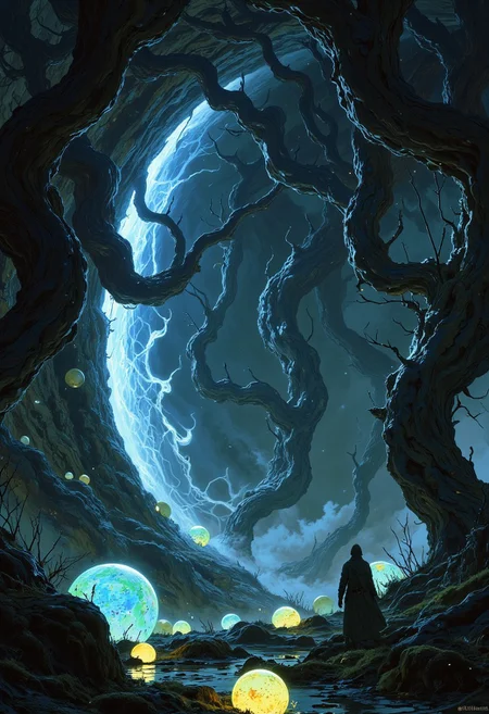 vibrant colors, extremely detailed, misty, enchanted forest. The twisted, ancient trees create a towering archway overhead, their gnarled, claw-like branches intertwined as if forming a natural portal. Vibrant, glowing orbs of blue and green light hover near the forest floor, casting a surreal glow on the moss-covered ground. Wisps of mist curl around the adventurer's feet, adding an air of mystery. The background fades into a luminous haze, with a radiant light source spilling through the archway, illuminating the scene in soft blues and greens. Tiny glowing particles float in the air, enhancing the magical atmosphere. The mood is a perfect balance of wonder and foreboding, as the adventurer ventures into the unknown.