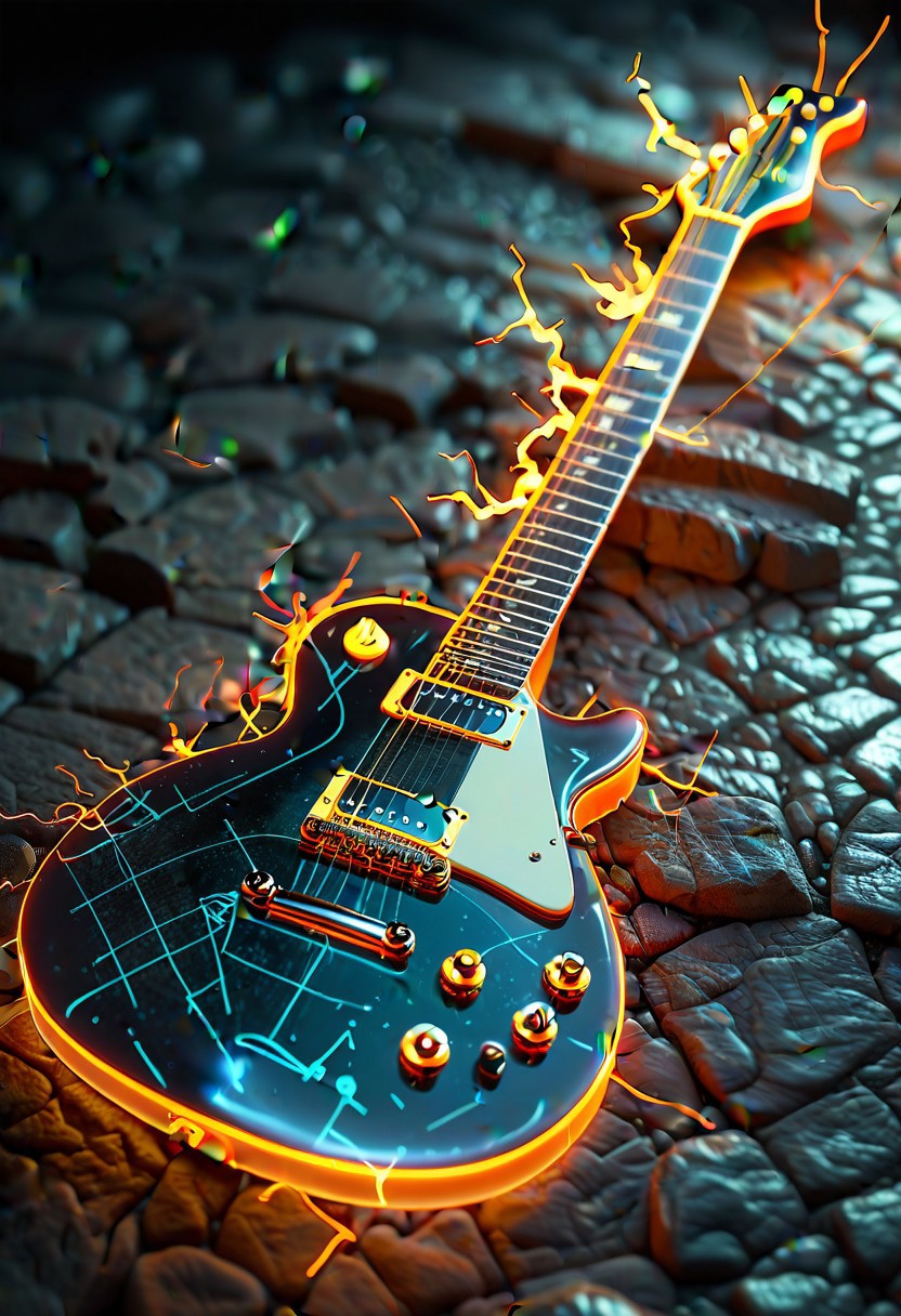 ambient music  <lora:novuschroma43 style:0.9> novuschroma43 style <lora:sdxl_lightning_8step_lora:1>,novuschroma43 style, bad-picture-chill-75v, glowneon, glowing, sparks, lightning,swiss, les Paul guitar,bad-picture-chill-75v, glowneon, glowing, sparks, lightning, novuschroma43 style, SyFyEye1