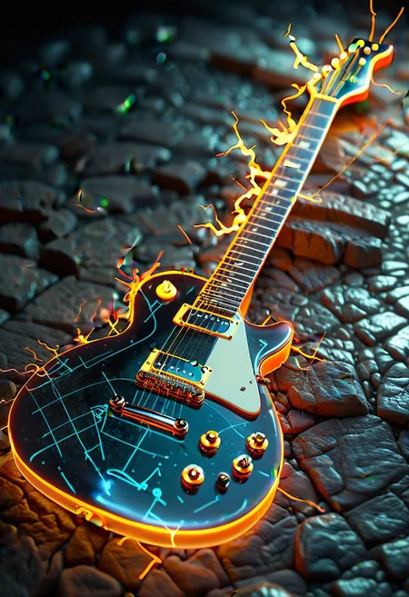 ambient music  <lora:novuschroma43 style:0.9> novuschroma43 style <lora:sdxl_lightning_8step_lora:1>,novuschroma43 style, bad-picture-chill-75v, glowneon, glowing, sparks, lightning,swiss, les Paul guitar,bad-picture-chill-75v, glowneon, glowing, sparks, lightning, novuschroma43 style, SyFyEye1
