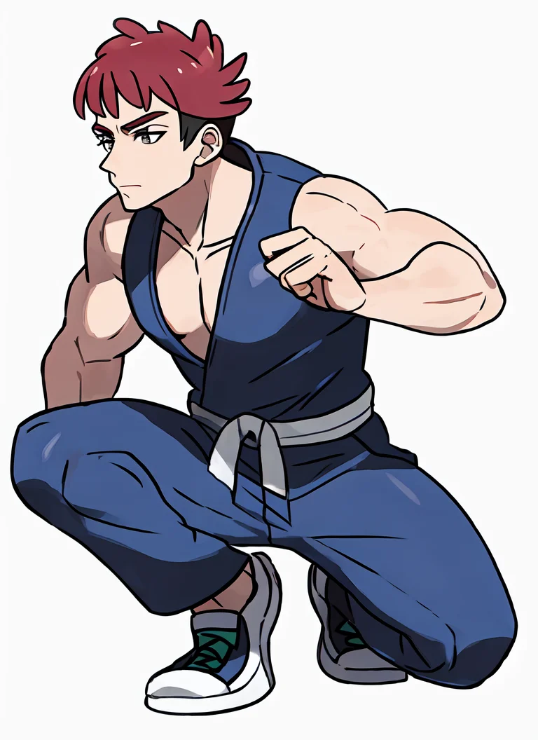 masterpiece, best quality, solo, generation 7, muscular male, judo outfit, one knee, full body, white background <lora:Pokemon (Style):1>