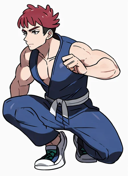 masterpiece, best quality, solo, generation 7, muscular male, judo outfit, one knee, full body, white background <lora:Pokemon (Style):1>
