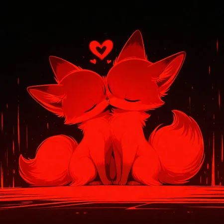 masterpiece, best quality, good quality, very awa, very aesthetic, absurdres, newest, 
BREAK, two feral foxes, cute female fox, glowing red heart, cute, adorable, fluffy fox tail, noes to noes, noes kiss, 
BREAK, abstract background, dark red background, pink background, haiz_ai, no lineart, no outline, mad-nksktch