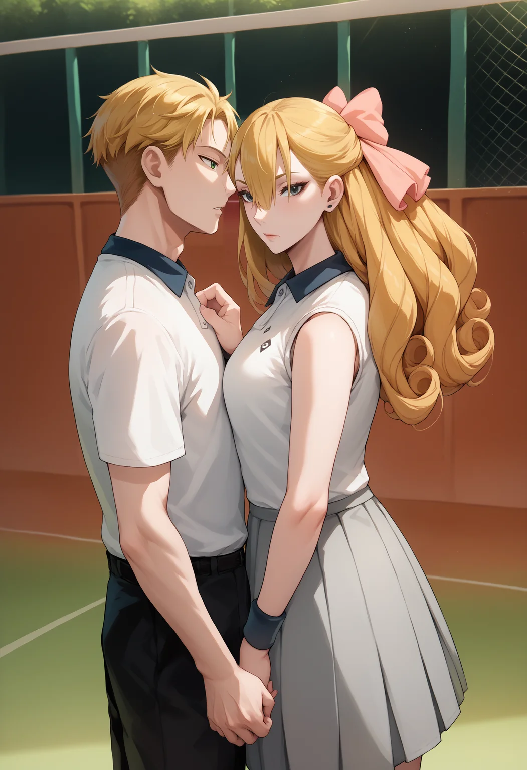 score_9, score_8_up, score_7_up, standing, tennis ball, looking at viewer, cowboy shot, looking at another,
BREAK 1boy, loid forger, blonde hair, short hair, green eyes, <lora:LoidForgerTwilight_pdxl_Incrs_v1:1>, tennis uniform, white shirt, male focus,
BREAK 1girl, <lora:spyxfamily_fionafrost_ponyXL:1>, fionatennis, long hair, blonde hair, hair over one eye, hair bow, pink bow, grey eyes, tennis uniform, white shirt, sleeveless shirt, grey skirt, wristband,