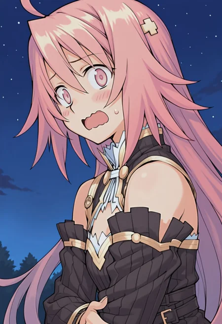 (masterpiece, best quality, newest, absurdres, highres), anime coloring, anime screenshot,
night, starry sky, upper body, looking back, from behind, looking at viewer,
1girl, <lora:eina_(summon_night):0.8> eina (summon night), night costume, pink hair, pink eyes, ahoge, hair ornament, blush stickers, black dress, black belt, detached sleeves, cross hair ornament, cleavage cutout, flat chest,
surprised, wide-eyed, wavy mouth, open mouth, self hug,