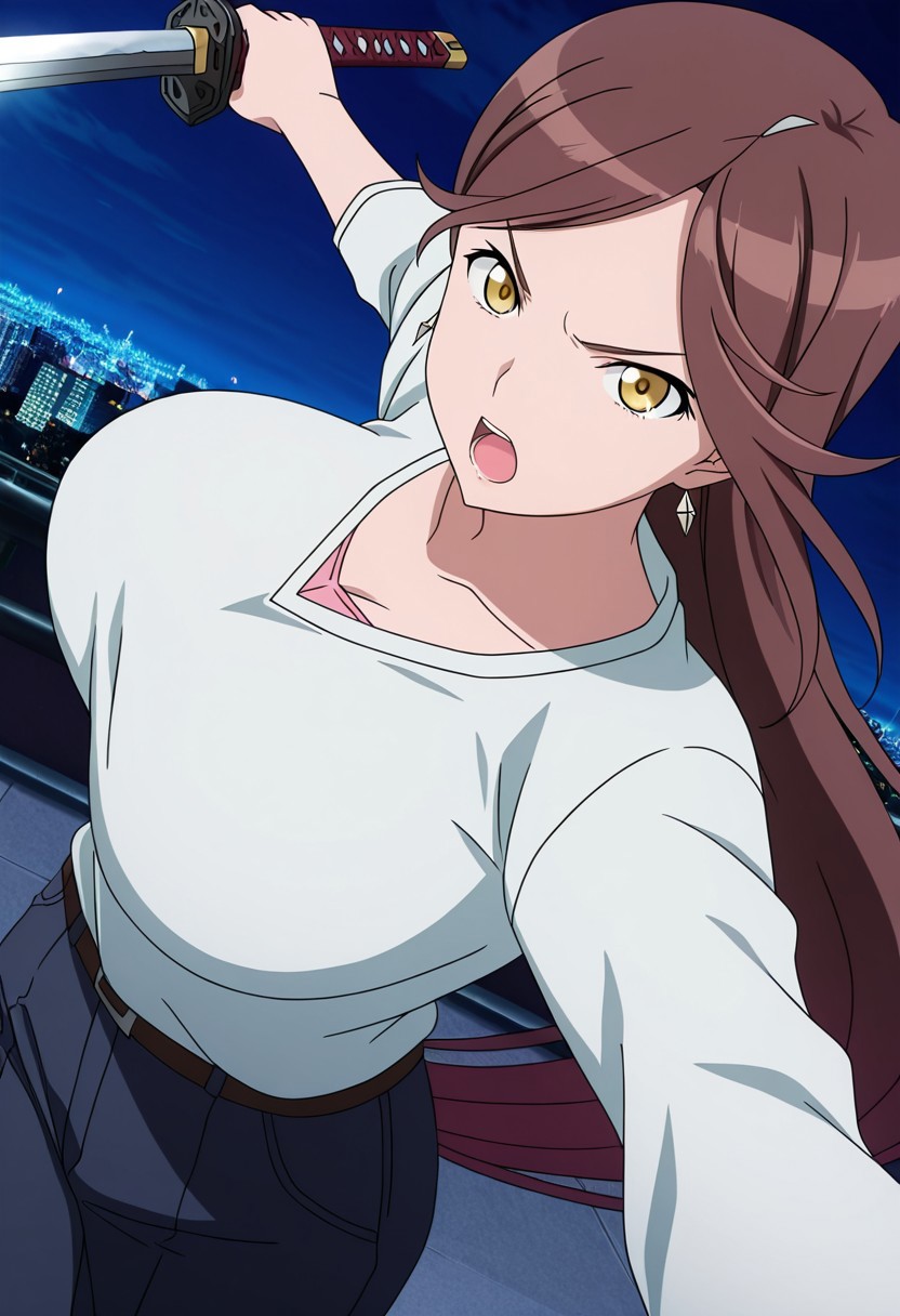 general,highres, ultra-detailed,very aesthetic,best quality ,best hands,best eyes,easynegative,
dynamic anglre, dutch angle, anime cloring,anime screencap,
1girl solo,looking at viewer,city,night, open mouth, holding katana, fighting, 
Yuuko Sagiri,brown_hair, long_hair,yellow eyes, huge_breasts, earrings,shirt,pants,