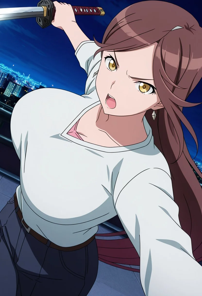 general,highres, ultra-detailed,very aesthetic,best quality ,best hands,best eyes,easynegative,
dynamic anglre, dutch angle, anime cloring,anime screencap,
1girl solo,looking at viewer,city,night, open mouth, holding katana, fighting,
Yuuko Sagiri,brown_hair, long_hair,yellow eyes, huge_breasts, earrings,shirt,pants,
