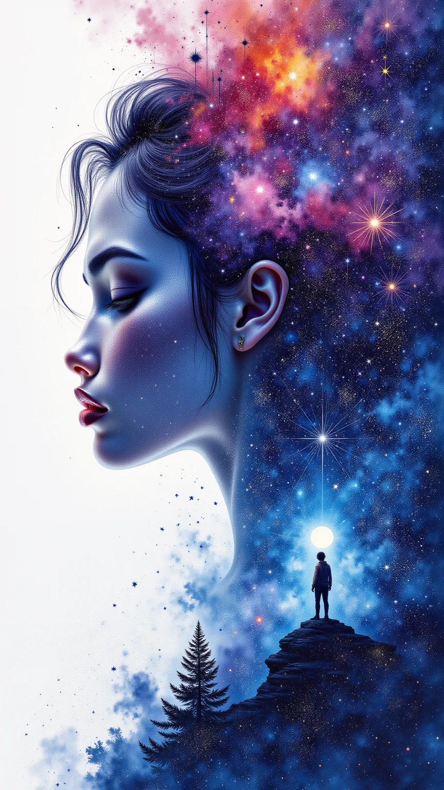 Jedwtrexp, watercolor, Portrait with Galaxy Hair, A close-up of a woman's profile, her hair transforming into a vibrant starry galaxy with constellations and nebulae, <lora:WatercolorExposure-000007:1>
