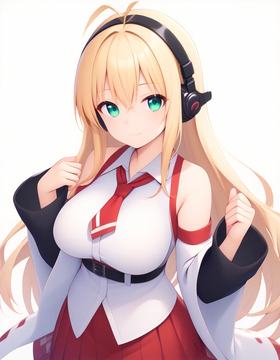 score_9, score_8_up, score_7_up, score_6_up, score_5_up, score_4_up, source_anime, rating:general,
BREAK,
1girl, solo, standing, simple background, looking at viewer, large breasts, smile,
<lora:tsurumaki_maki_ponyXL:2> tsurumaki maki, blonde hair, long hair, antenna hair, green eyes, red skirt, white jacket, headphones, detached sleeves, black sleeves, red tie,