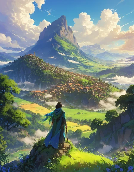 A lone wanderer stands on the edge of a high cliff, draped in a flowing cloak, overlooking a vast lush valley bathed in sunlight, Rolling green fields and scattered farmhouses stretch out below, framed by towering misty mountains, The sky is a mix of thick clouds and clear blue patches, creating a breathtaking and serene landscape, staff in hand, taking in the stunning expansive view, Niji, <lora:Niji:1>, <lora:detailed_notrigger:0.7>, <lora:add-detail-xl:1>, <lora:zavy-cntrst-sdxl:0.6>