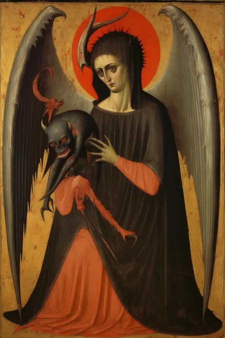 <lora:Simone Martini Style:1>Simone Martini Style - style of medieval gothic painting by Duccio di Buoninsegna, evil female angel butchers sad horned demon