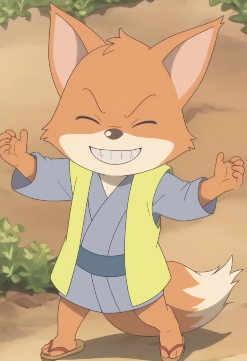 furry, 1boy, furry male, male focus, solo, looking at viewer, fox, fox boy, full body, animal ears, fox ears, japanese clothes, kimono, sandals, tail, fox tail, grin, closed eyes, high quality