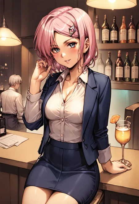 score_9, score_8_up, score_7_up <lora:neilis--000024:1> neilis, hairclip, office lady,
1girl, light blush, drinking glass, bar, dim lighting, Sitting