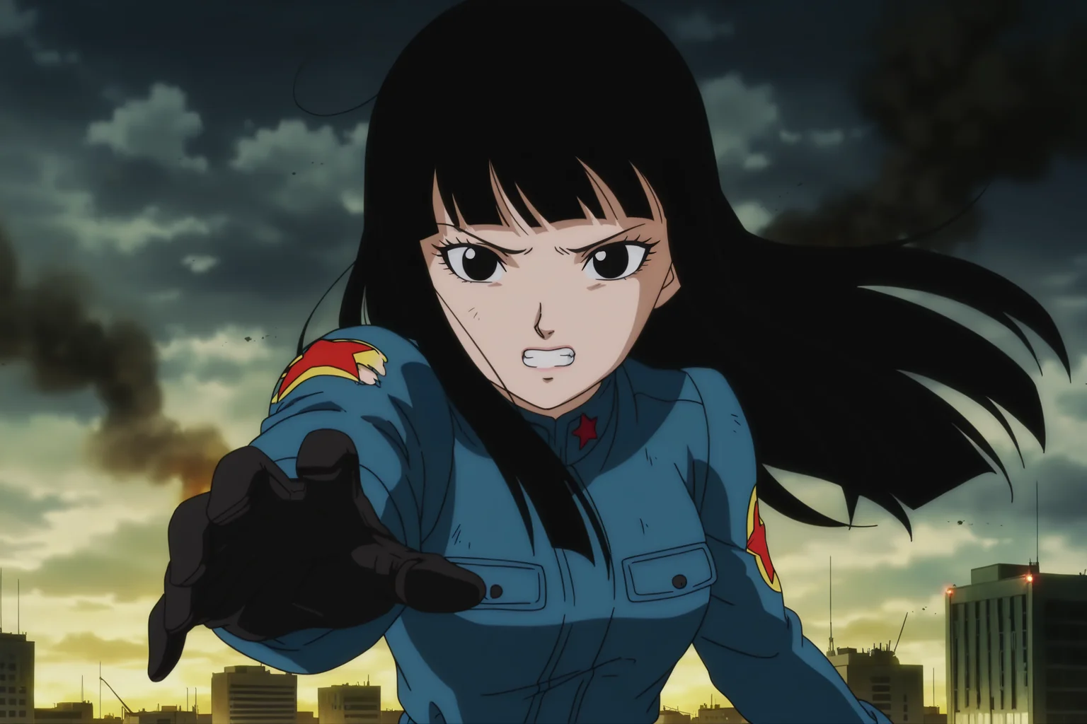 anime screencap, absurdres, high quality, official style,
future mai, official style, 1girl, solo, long hair, black hair, bangs, black eyes, eyelashes, military coat, blue coat, long sleeves, print sleeve, red star, star \(symbol\), black gloves, outstretched hand, cloudy sky, smoke, reaching towards viewer, city destruction, upper body, looking at viewer, outdoors, torn sleeve, open mouth, clenched teeth, worried
<lora:Mai_IL:0.8>