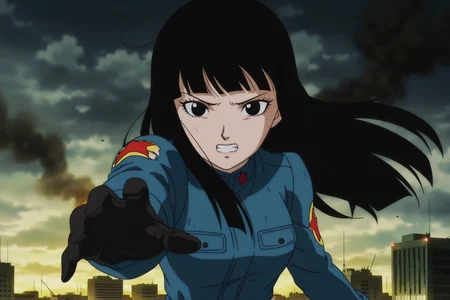 anime screencap, absurdres, high quality, official style,
future mai, official style, 1girl, solo, long hair, black hair, bangs, black eyes, eyelashes, military coat, blue coat, long sleeves, print sleeve, red star, star \(symbol\), black gloves, outstretched hand, cloudy sky, smoke, reaching towards viewer, city destruction, upper body, looking at viewer, outdoors, torn sleeve, open mouth, clenched teeth, worried
<lora:Mai_IL:0.8>