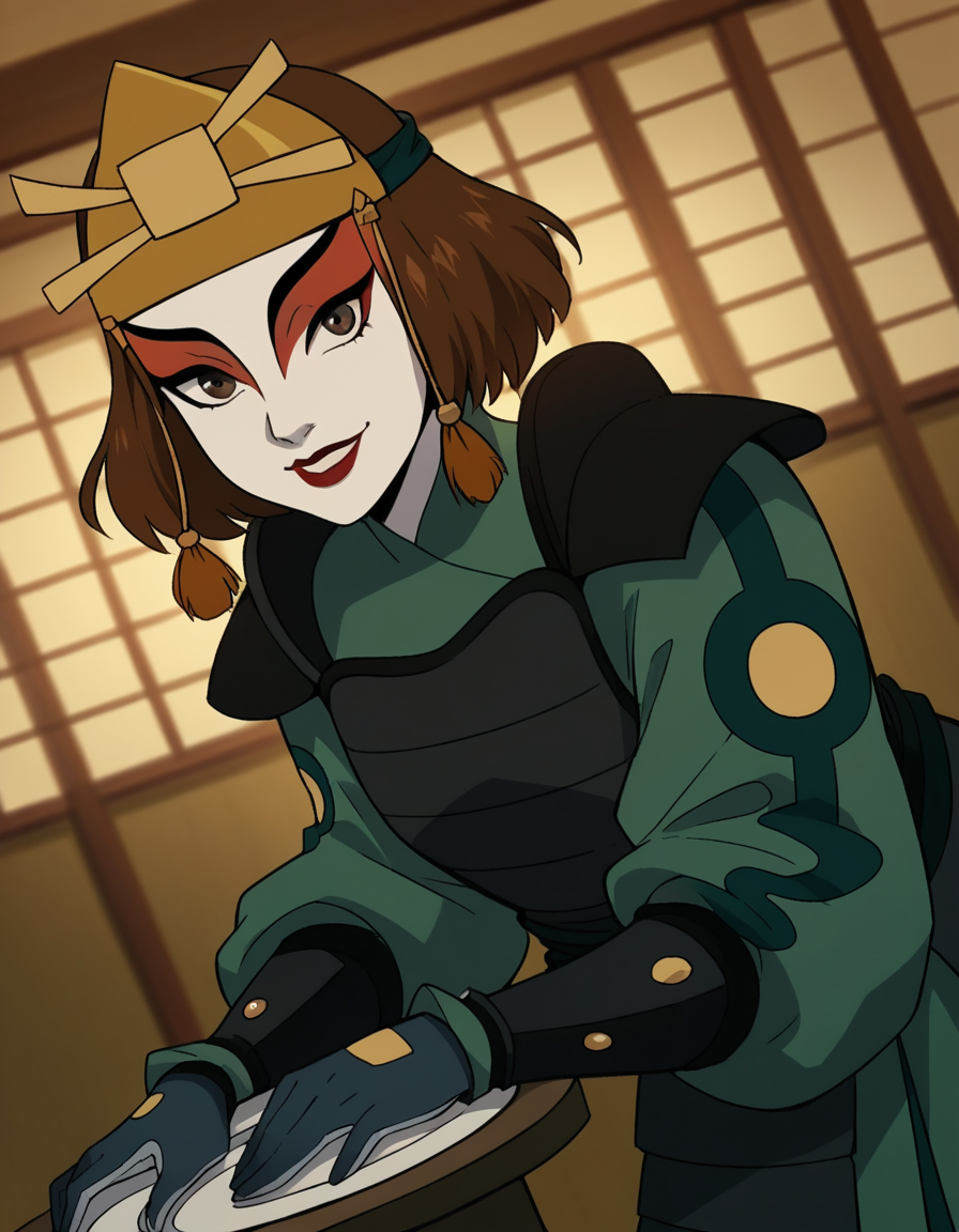 score_9, score_8_up, score_7_up, source_anime, <lora:suki-book2-ponyxl-lora-nochekaiser:1>, suki, short hair, brown hair, brown eyes, makeup, lipstick,, gloves, armor, breastplate, hair ornament, gloves,, indoors, bent over, smile, looking at viewer, solo, cowboy shot, dutch angle