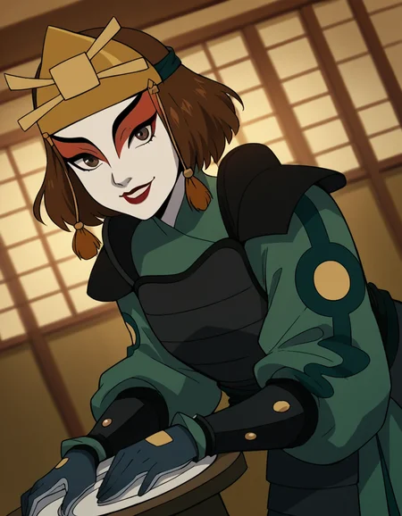 score_9, score_8_up, score_7_up, source_anime, <lora:suki-book2-ponyxl-lora-nochekaiser:1>, suki, short hair, brown hair, brown eyes, makeup, lipstick,, gloves, armor, breastplate, hair ornament, gloves,, indoors, bent over, smile, looking at viewer, solo, cowboy shot, dutch angle