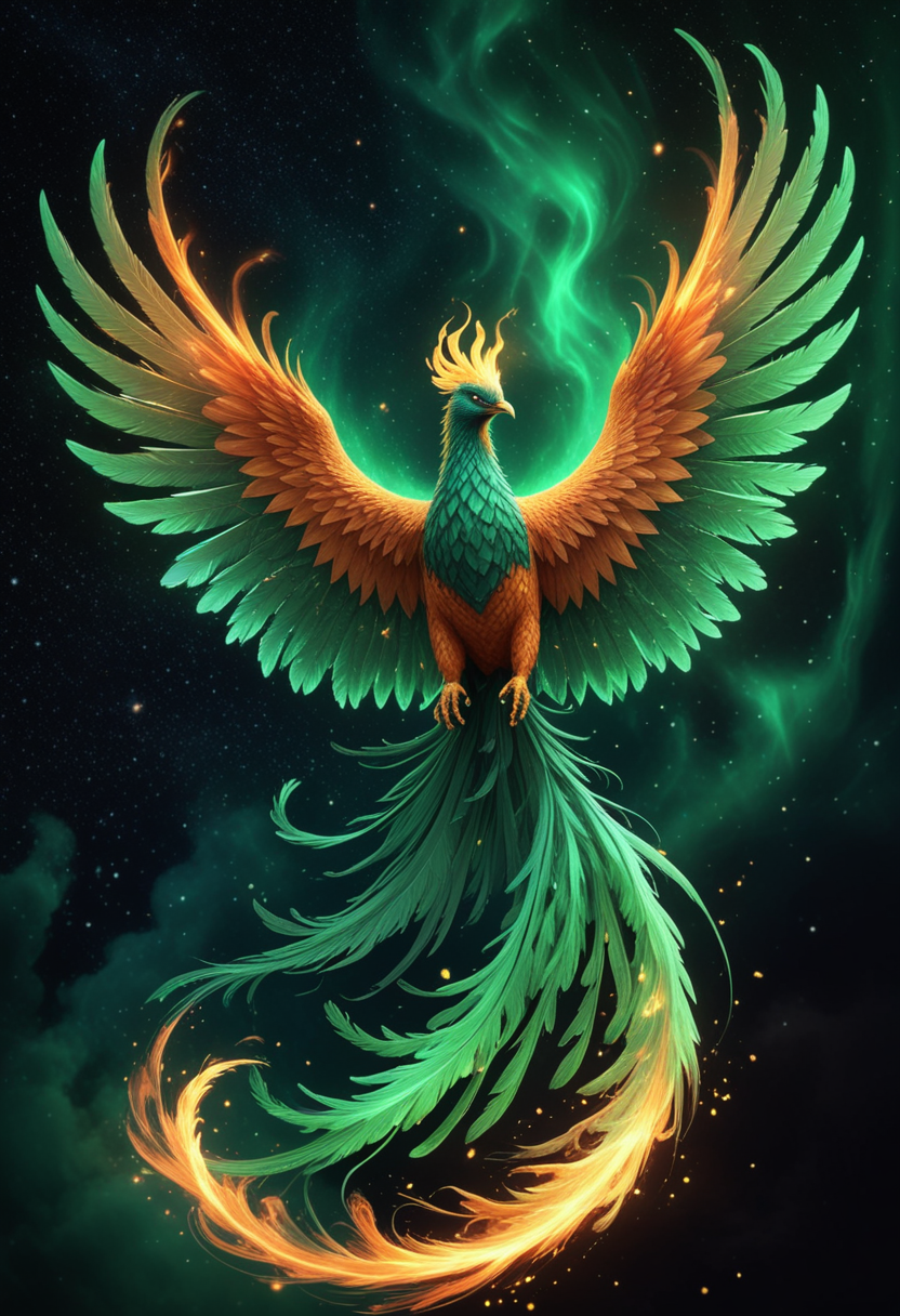 (medium full shot) of a ethereal phoenix with emerald green plumage glowing brilliantly, blazing wings unfurled majestically, a radiant tail trailing flames,  ethereal talons glinting, a fiery plume, circling majestically, set in  a mystical night sky, with auroras, shimmering stars, an otherworldly ambiance , Masterpiece,best quality, photo, realistic, very aesthetic, detailed face,