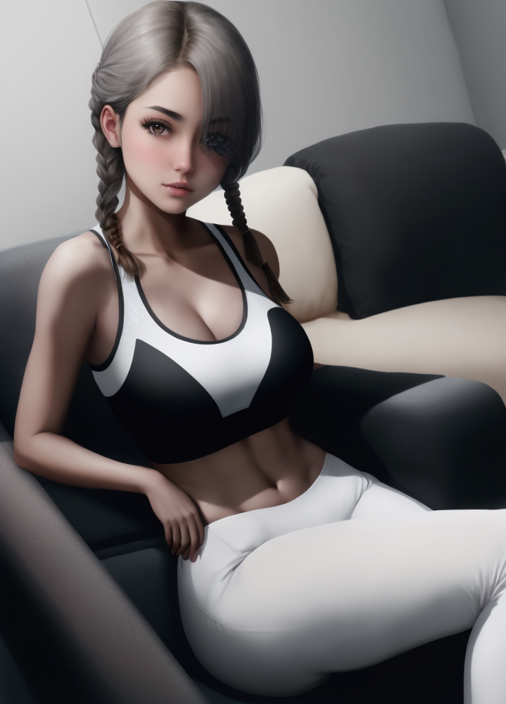 <lora:Etherium-dalia:0.8>, Etherium-dalia, 1girl, breasts, solo, dark grey hair, navel, medium breasts, hair over one eye, long hair, median furrow, twin braids, brown eyes, looking at viewer, blush, white sports bra, black pants, living room, sitting, couch
