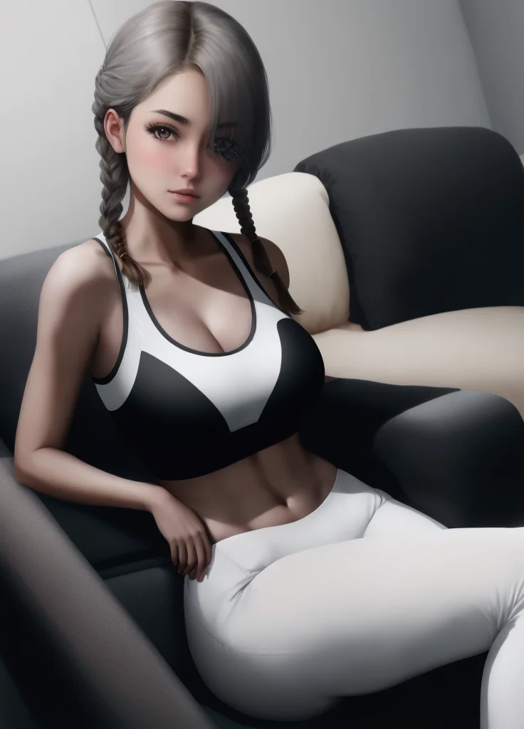 <lora:Etherium-dalia:0.8>, Etherium-dalia, 1girl, breasts, solo, dark grey hair, navel, medium breasts, hair over one eye, long hair, median furrow, twin braids, brown eyes, looking at viewer, blush, white sports bra, black pants, living room, sitting, couch