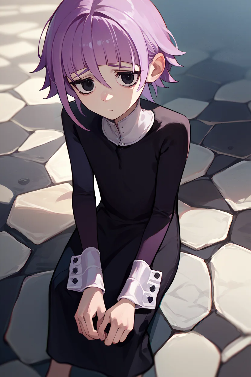 score_9, score_8_up, score_7_up, score_6_up, source_anime, solo, <lora:crona-pdxl-nvwls-v1-000005:1> crona, purple hair, short hair, black eyes, white collar, black dress, long sleeves, long dress, wrist cuffs, sitting, looking at you, thinking, floor, stone floor