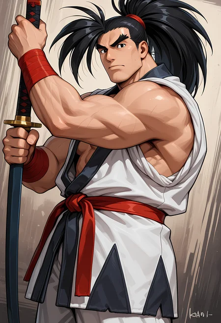 masterpiece, best quality, amazing quality, dutch angle, abstract background, BREAK
1boy, solo, male focus, ss_haoh, black hair, ponytail, black eyes, thick eyebrows, katana, sleeveless, dougi, BREAK
<lora:cfg_scale_boost:.6> <lora:Haohmaru_Rasetsumaru_-_Samurai_Shodown_-_ILXL:1>