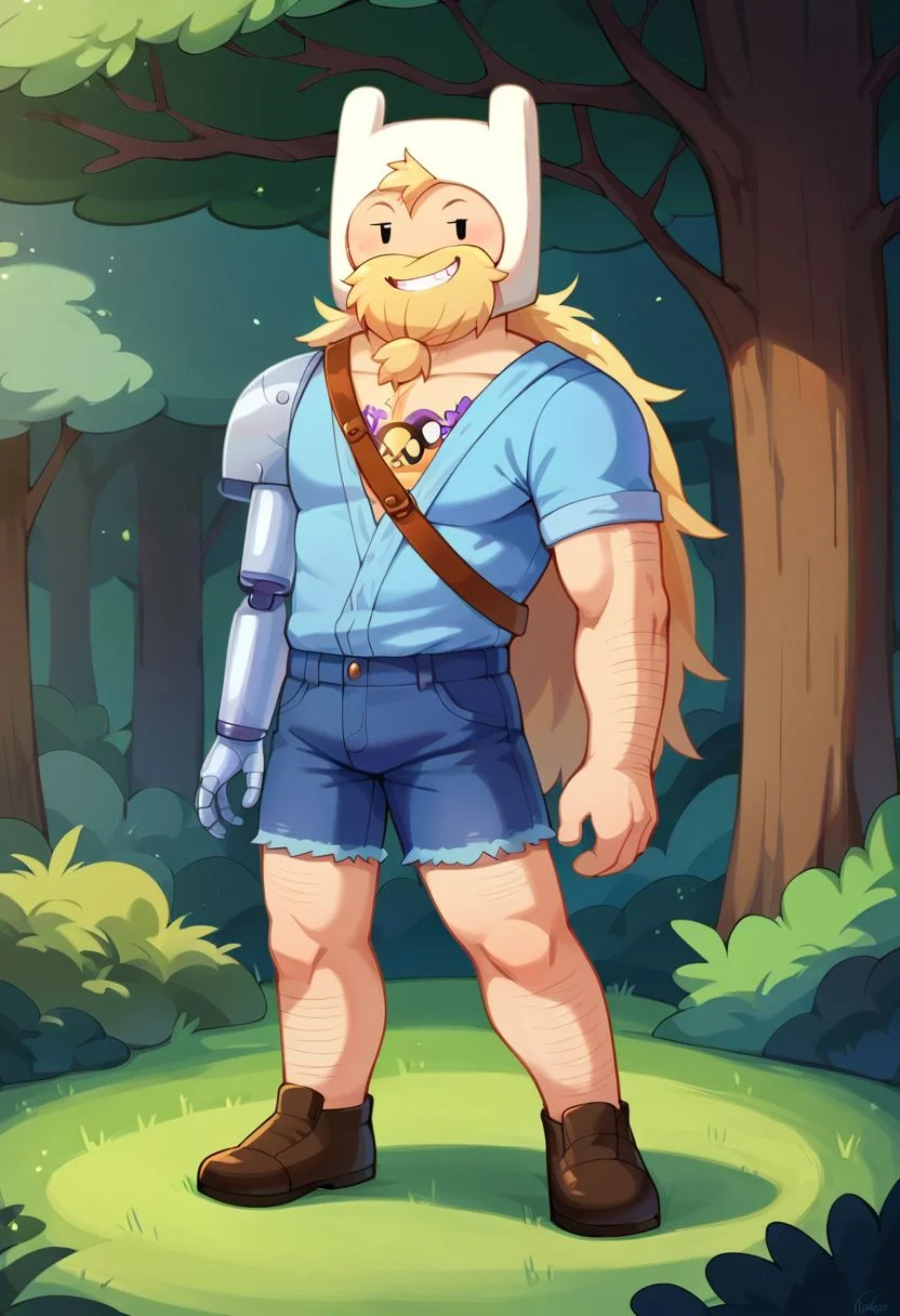 score_9, score_8_up, score_7_up, score_6_up, score_5_up, score_4_up, Finn_Mertens(adult), full body, blue topwear, cutoffs, prosthetic arm , headwear, full body, standing, facing veiwer, smirk, <lora:aesthetic_anime_v1s:1> <lora:xl_more_art-full_v1:1> forest,