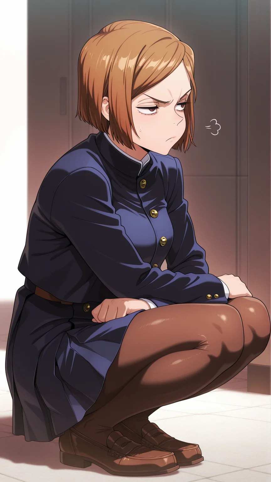 masterpiece,best quality,amazing quality, 1girl, solo, <lora:IlluNobara:1> illuobara, short hair, brown hair, brown eyes, school uniform, skirt, pantyhose, jacket,annoyed, squatting, loafers,
