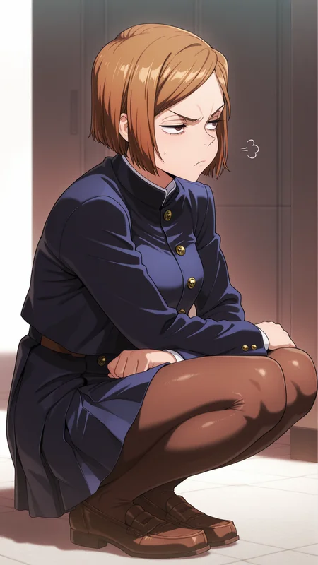 masterpiece,best quality,amazing quality, 1girl, solo, <lora:IlluNobara:1> illuobara, short hair, brown hair, brown eyes, school uniform, skirt, pantyhose, jacket,annoyed, squatting, loafers,