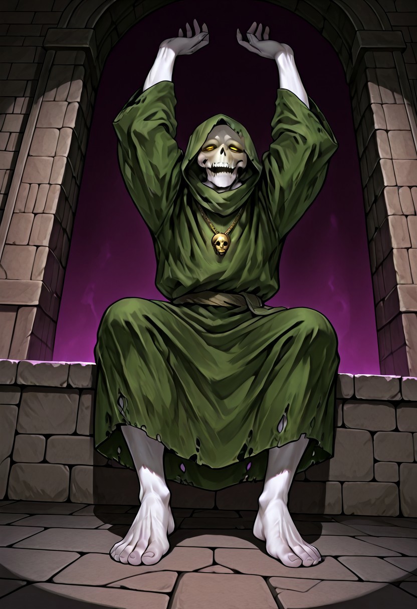 score_9,score_8,score_7,source_furry,
(masterpiece, best quality, high quality:1.2), detailed hands,character focus, detailed skins, body blush, cinematic shadow, character focus, ultra detailed background, 
 <solo:1.5>, <1boy:1.5>,
(anime:3.5), (dutch angle:1.5), from below, 
detailed skull, detailed face, detailed teeth,
polewiz, male focus, white skin, blush, skull, bald, teeth, tongue, golden necklace, green hood, green cloak, green robes, torn robes, Olive color kanzugi, short kanzugi, green skirt, wide sleeve, (long sleeve:1.2), glowing eyes, yellow eyes, half closed eyes, deep eyes hole, long fingernails, gaunt, bony, barefoot, (detailed toes:1.8), adult,
dark purple back ground, abyss, block wall, stone floor, dungeon background, (darkness:1.5),
sitting, legs up, (arms raised in the air:1.2), (extend arms straight out:1.5),
