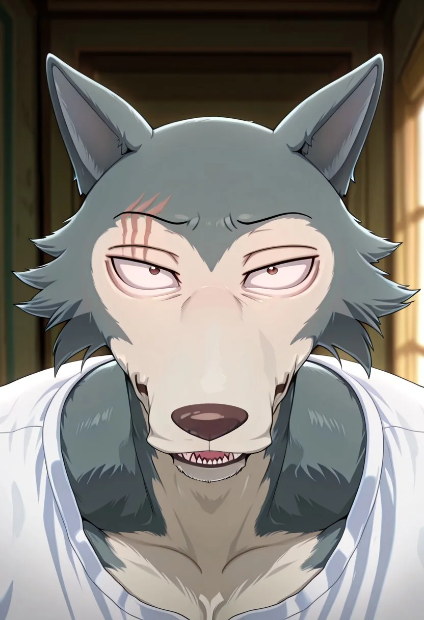 masterpiece, best quality, amazing quality,
Legoshi, anthro, wolf, beastars, scar on right brow, mature male, animal ears, grayish blue fur, brown eyes, smug expression, upper eyelid half closed, smug, sharp teeths, sharp fangs,
blurry background, volumetric lighting, smug grin, open eyes, 1boy, solo, male focus, mature male, looking at viewer, simple background, evil grin, head focus, portrait, detailed head, broad shoulders, muscle chest, white shirt, smug head, looking up, from above
