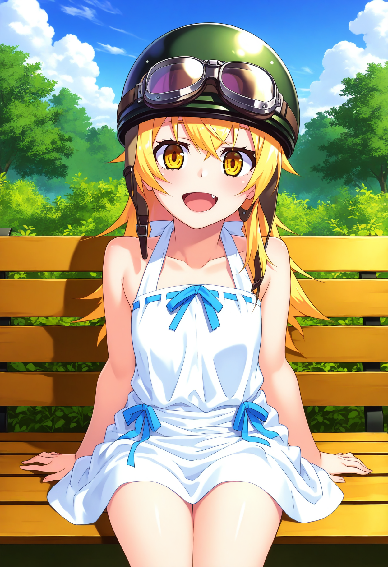 1girl, solo, looking at viewer, park bench, outdoors, sitting, smile, cowboy shot, open mouth, long blonde hair, 
white dress, bare shoulders, yellow eyes, fang, black helmet, goggles on helmet,
BREAK outdoors, park bench, sky, day, cloud,   <lora:onsen_nakaya_IL:1>shinobu_onsen_nakaya