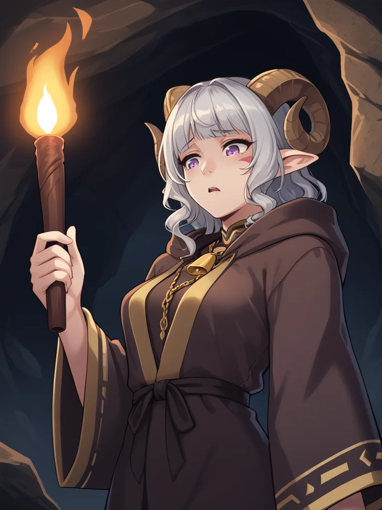 <lora:whisker_markings:0.9>red whisker_markings:1.4 , from below, torch:1.2, holding torch,
source_furry, score_7_up, rating_safe, cowboy shot, gold necklace, tiefing, short pointed ears, brown horns, (a pair of brown sheep Horns that begin at her temples and curve back: 1.5), bangs, long silver hair long wavy hair, pale skin, short pointy ears, purple eyes, <lora:age_slider_v4:0.6> medium breasts, skinny female, close up, silver hair, <lora:Tieflingnew weird fantasyDND:0.3> Tiefling, pointed ears, horns, half-closed eyes<lora:Smooth Style 2 SDXL_LoRA_Pony Diffusion V6 XL:0.5> bell, robe, hood off, <lora:torch:0.7> cave:1.2, dark cave, rock, mine, dark smoke and aura surrounding girl, scared, no sky, eyelight:1.2
