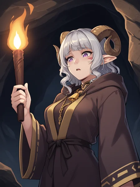 <lora:whisker_markings:0.9>red whisker_markings:1.4 , from below, torch:1.2, holding torch,
source_furry, score_7_up, rating_safe, cowboy shot, gold necklace, tiefing, short pointed ears, brown horns, (a pair of brown sheep Horns that begin at her temples and curve back: 1.5), bangs, long silver hair long wavy hair, pale skin, short pointy ears, purple eyes, <lora:age_slider_v4:0.6> medium breasts, skinny female, close up, silver hair, <lora:Tieflingnew weird fantasyDND:0.3> Tiefling, pointed ears, horns, half-closed eyes<lora:Smooth Style 2 SDXL_LoRA_Pony Diffusion V6 XL:0.5> bell, robe, hood off, <lora:torch:0.7> cave:1.2, dark cave, rock, mine, dark smoke and aura surrounding girl, scared, no sky, eyelight:1.2