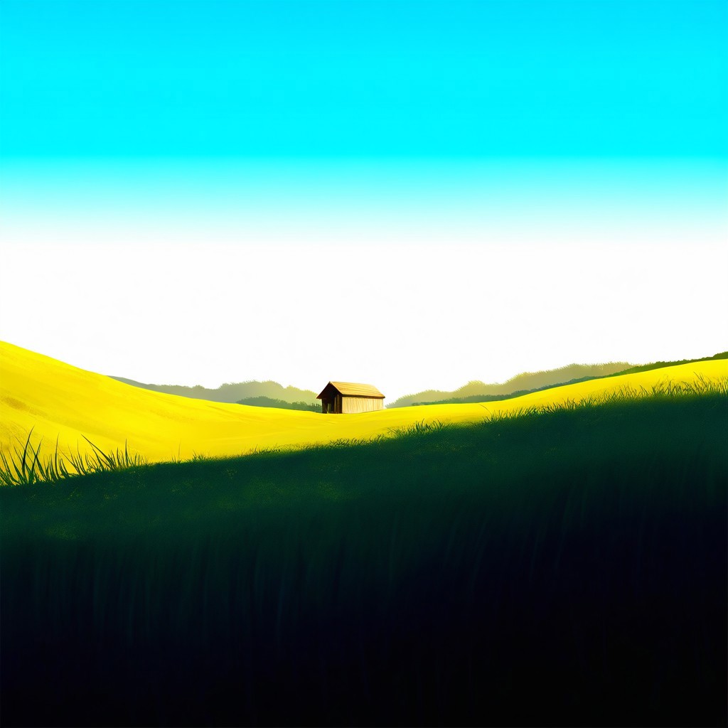 masterpiece, score_9, score_8_up, score_7_up, hyper-detailed, 8K, digital painting, serene landscape with a large ship anchored in the middle of a lush green field, the vast grasslands stretching out in all directions. Majestic snow-capped mountains rise in the distance, their peaks reflecting off a distant, crystal-clear lake. The green field is dotted with vibrant wildflowers in red, yellow, and violet, adding a splash of color to the scene. The warm golden sunlight casts long shadows on the grass, while soft morning mist drifts gently across the field. A rustic wooden cabin sits quietly at the edge of the field, nestled among scattered trees, adding to the tranquil atmosphere.