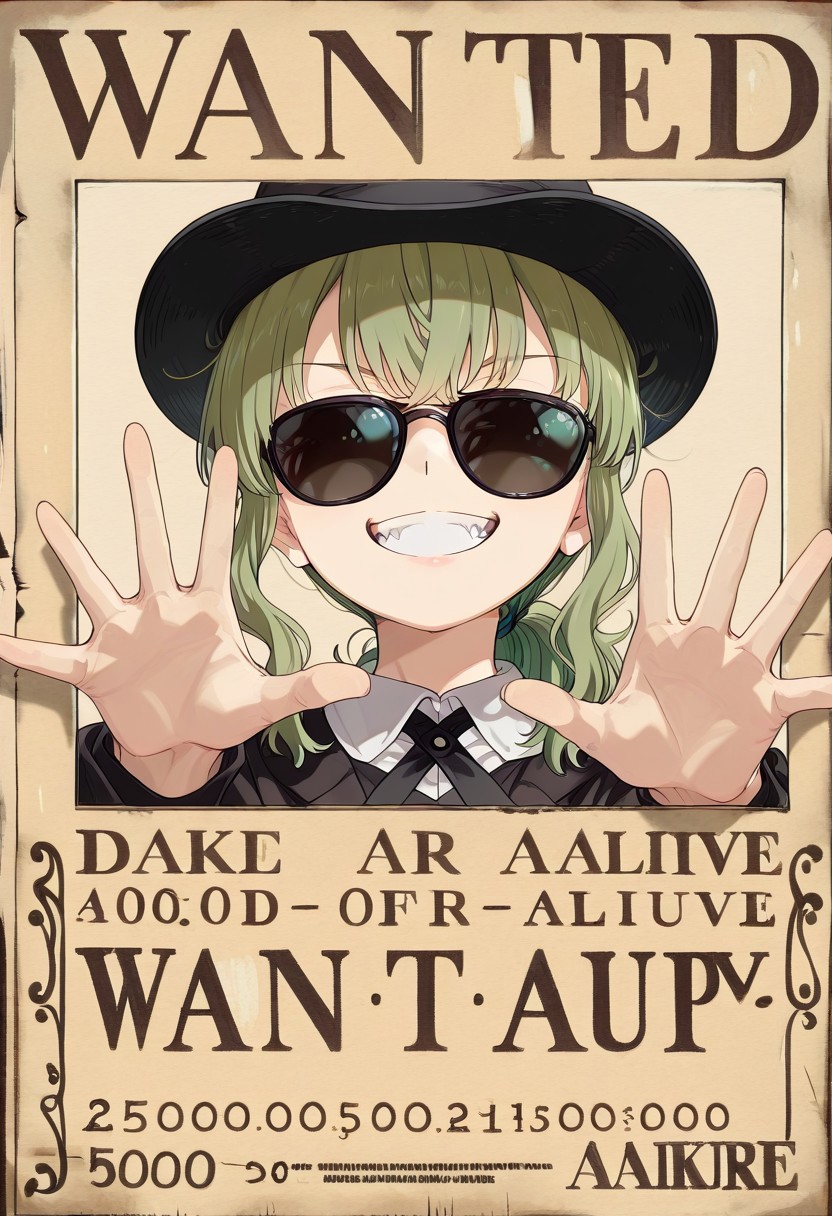 (almic,akakura,ogipote,dikko:0.7), (sincos:0.6),1girl,solo,((green hair)),medium hair,,(wavy hair,ponytail,up hair),wanted Poster,open hand ,open palm,grin,black glasses,sunglasses,black hat